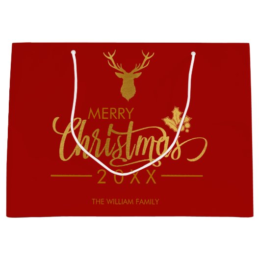 Gold Foil Deer Frohe Weihnachten Personalisiert Re Große Geschenktüte (Vorderseite)