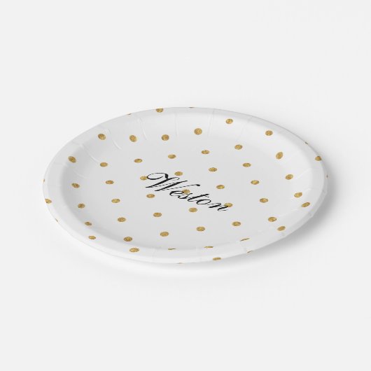 Gold Foil Dots Metallic Monogram Entertainment Pappteller (Schrägansicht)