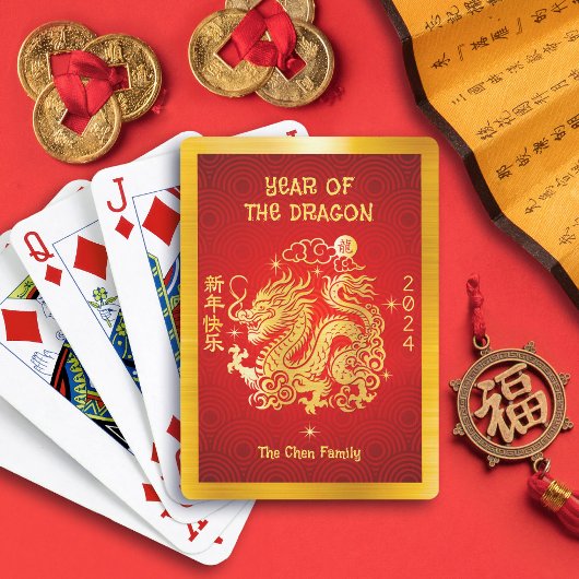 Gold Foil Dragon Chinesischer Montag Neujahr 2024 Spielkarten