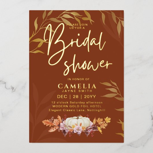 GOLD FOIL Fall Pumpkin BRAUTPARTY QR Code Folieneinladung (Vorderseite)