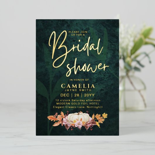 GOLD FOIL Fall Pumpkin Green BRAUTPARTY QR Code Folieneinladung (Stehend vorne)