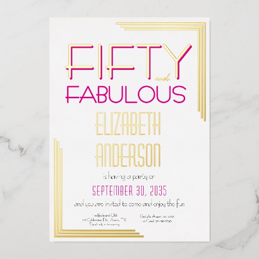 Gold Foil Fifty and Fabulous 50th Birthday Party Folieneinladung (Vorderseite)