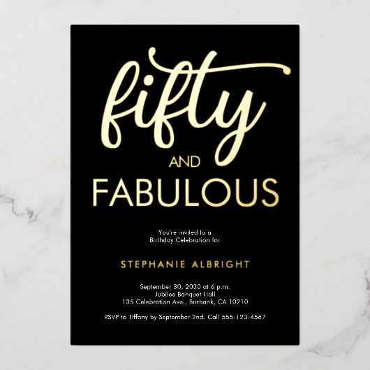 Gold Foil Fifty and Fabulous 50th Birthday Party Folieneinladung (Vorderseite)