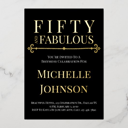 Gold Foil Fifty and Fabulous 50th Birthday Party Folieneinladung (Vorderseite)