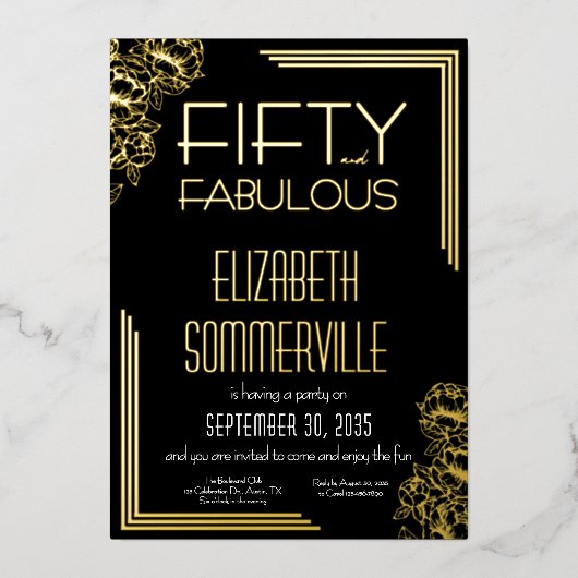 Gold Foil Fifty and Fabulous 50th Birthday Party Folieneinladung (Vorderseite)