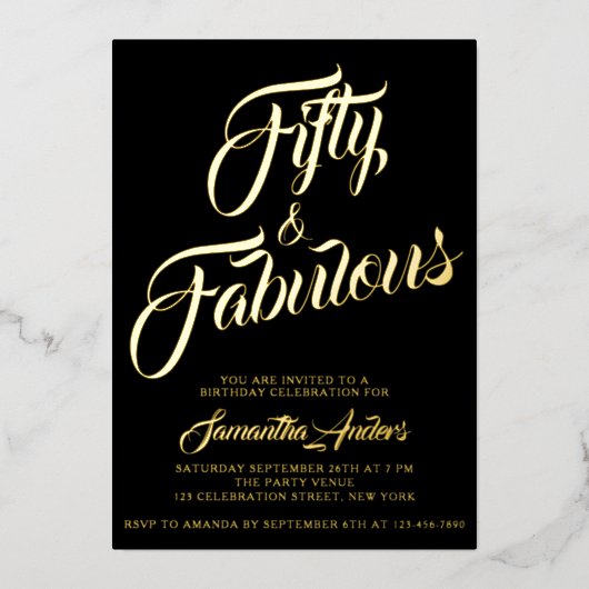 Gold Foil Fifty and Fabulous Script 50th Birthday  Folieneinladung (Vorderseite)