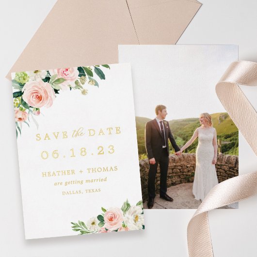 Gold Foil Floral Foto Save the Date Folieneinladung