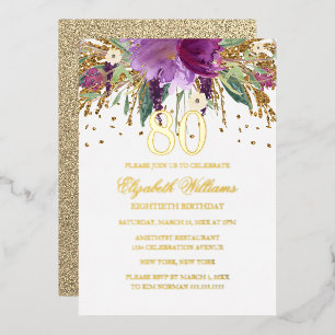 GOLD FOIL Floral Glitzer Amethyst 80. Geburtstag Folieneinladung