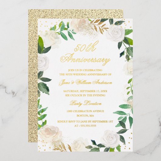 GOLD FOIL Floral Wreath Jahrestag Folieneinladung (Vorderseite/Rückseite)