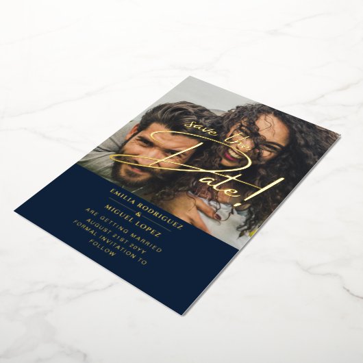 GOLD Foil Foto Overlay Navy Save the Date Hochzeit Folieneinladung (Gedreht)