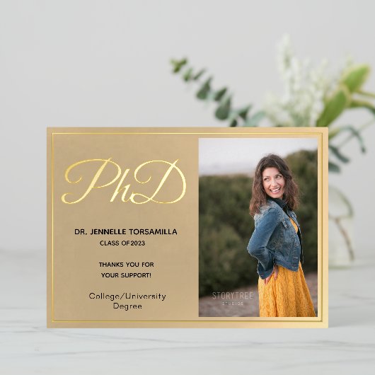 Gold Foil Foto PhD Abschluss Danke Karte (Stehend vorne)