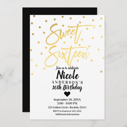 Gold Foil Glam Modernes Script Sweet 16 Sechzehn Einladung (Vorne/Hinten)