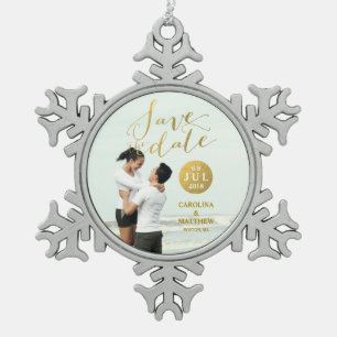 Gold Foil Glamour   Foto Save the Date Urlaub Schneeflocken Zinn-Ornament