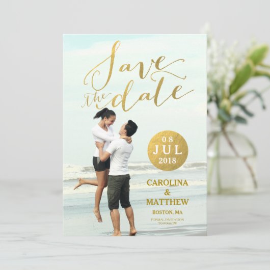 Gold Foil Glamour | Save the Date Foto (Stehend Vorderseite)