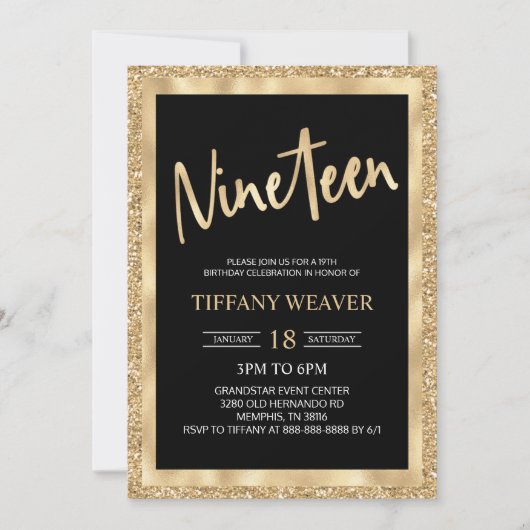 Gold Foil Glitzer 19. Geburtstag Einladung (Vorderseite)
