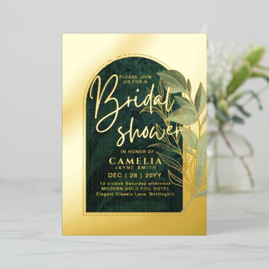 GOLD FOIL Green Blätter BRAUTPARTY QR Code Folieneinladung (Stehend vorne)