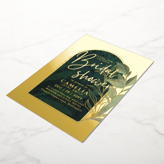 GOLD FOIL Green Blätter BRAUTPARTY QR Code Folieneinladung (Gedreht)
