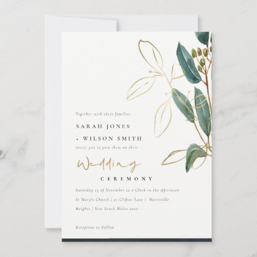 GOLD FOIL GREEN EUCALYPTUS FOLIAGE WEDING INVITE DANKESKARTE (Vorderseite)