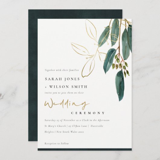 GOLD FOIL GREEN EUCALYPTUS FOLIAGE WEDING INVITE DANKESKARTE (Vorne/Hinten)