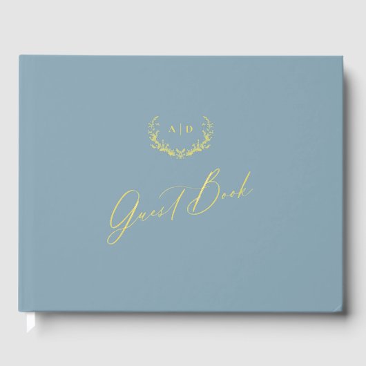 Gold Foil Guest Book Dusty Blue Monogram Wedding Gästebuch (Vorderseite)