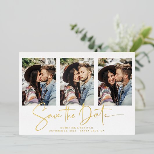 Gold Foil Handgeschriebenes Save the Date Multiple Folieneinladung (Stehend vorne)