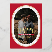 Gold Foil Happy Holidays Red Oval Frame Foto Card