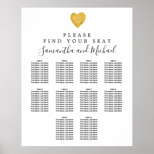 Gold Foil Heart 10-Tisch Hochzeitskarte Poster (Vorne)