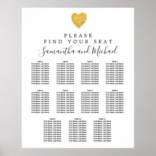 Gold Foil Heart 11-Tisch Hochzeitskarte Poster (Vorne)