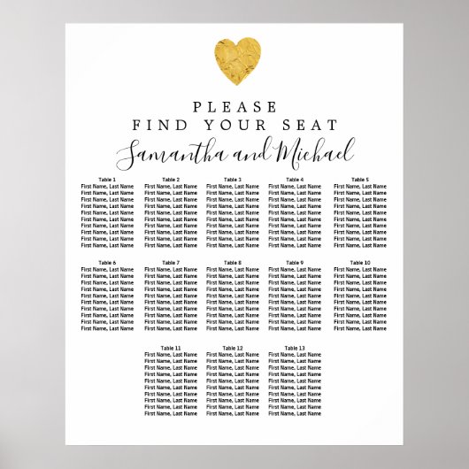 Gold Foil Heart 13-Tisch Hochzeitskarte Poster (Vorne)