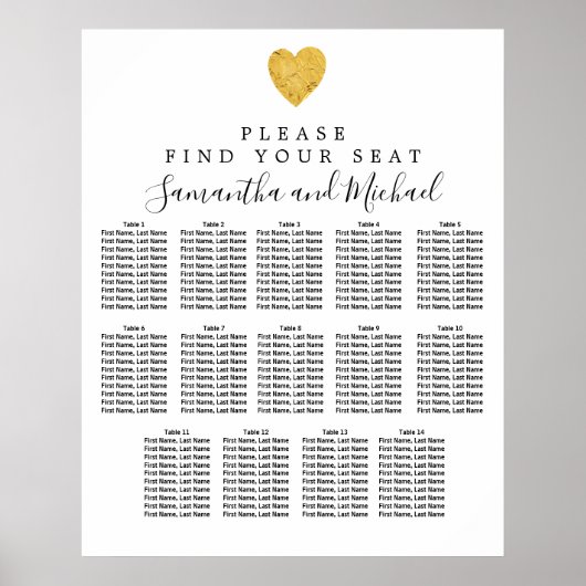 Gold Foil Heart 14-Tisch Hochzeitskarte Poster (Vorne)