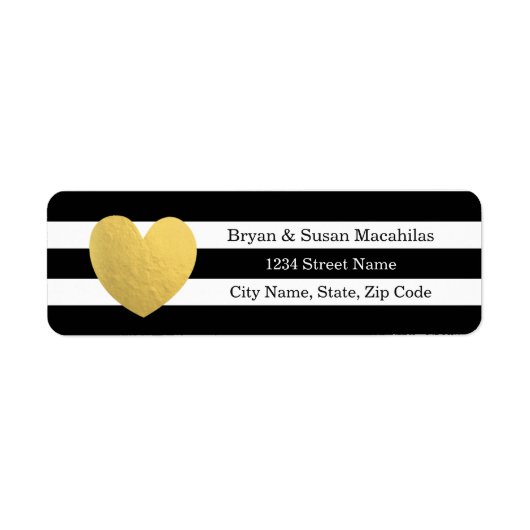 Gold Foil Heart Black Stripe Wedeladresse Label (Vorne)