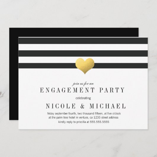 Gold Foil Heart + Stripes Engagement Party Einladung (Vorne/Hinten)