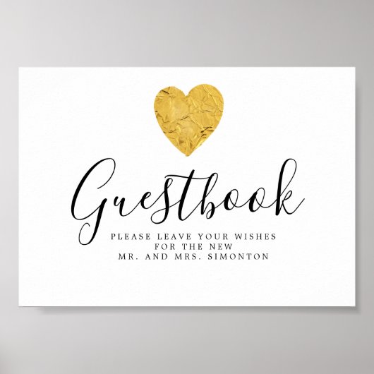 Gold Foil Heart Wedding Gästebuch-Zeichen Poster (Vorne)