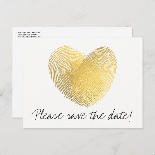Gold Foil Herz Fingerprint Save the Date Ankündigungspostkarte (Vorne/Hinten)