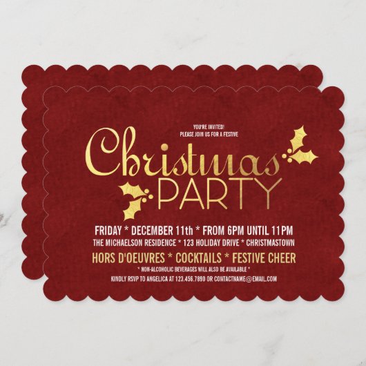 Gold Foil Holly Christmas Party Einladung (Vorne/Hinten)