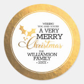Gold Foil Holly Frohe Weihnachten Runder Aufkleber (Vorderseite)
