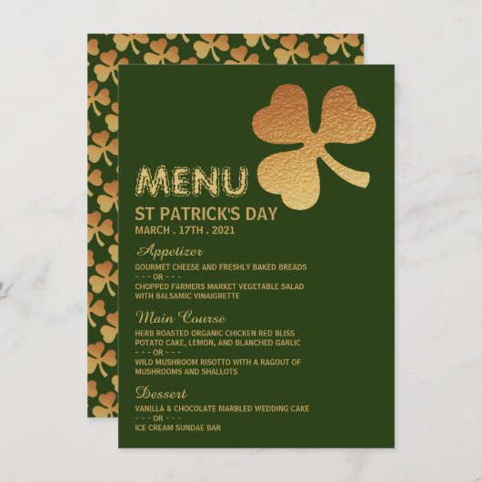 Gold Foil Kleeblatt, St Patrick's Day Menu Card Einladung (Vorne/Hinten)