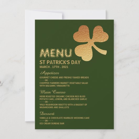 Gold Foil Kleeblatt, St Patrick's Day Menu Card Einladung (Vorderseite)
