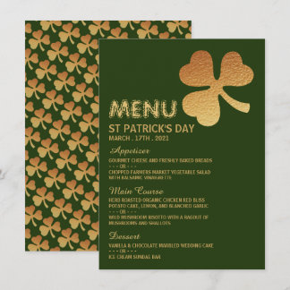 Gold Foil Kleeblatt, St Patrick's Day Menu Card Einladung