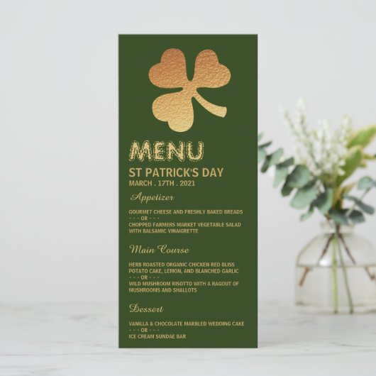 Gold Foil Kleeblatt, St Patrick's Day Menu Card Menükarte (Stehend Vorderseite)