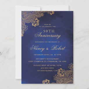 Gold Foil Lace Blue 50. Hochzeitstag Einladung