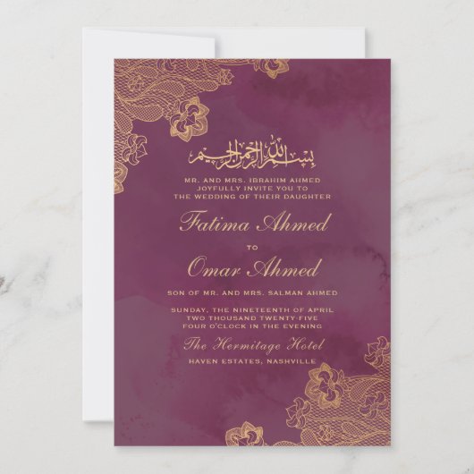 Gold Foil Lace Burgundy Islamische Hochzeit Einladung (Vorderseite)