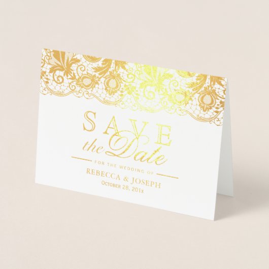Gold Foil Lace Floral Wedding Save the Date Folienkarte (Vorderseite)