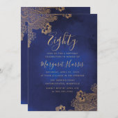 Gold Foil Lace Verziert Blue 80. Geburtstag Einladung (Vorne/Hinten)