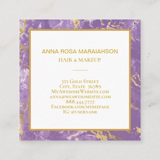 *~* Gold Foil Lavendel Marble Modern Luxe Girly Quadratische Visitenkarte (Rückseite)