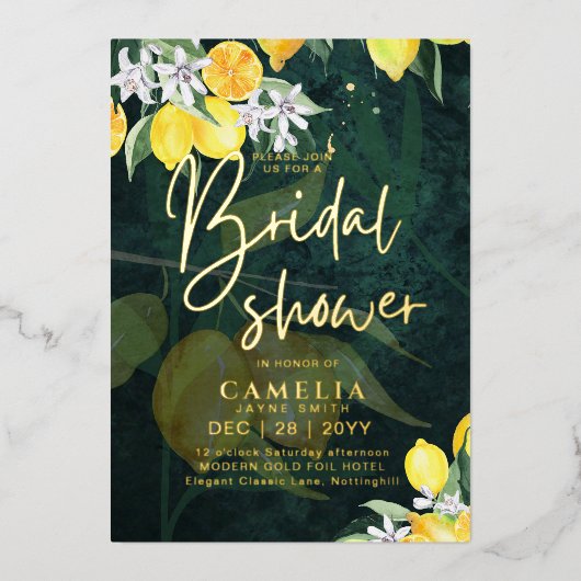 Gold Foil Lemon Zest BRAUTPARTY QR Code Folieneinladung (Vorderseite)