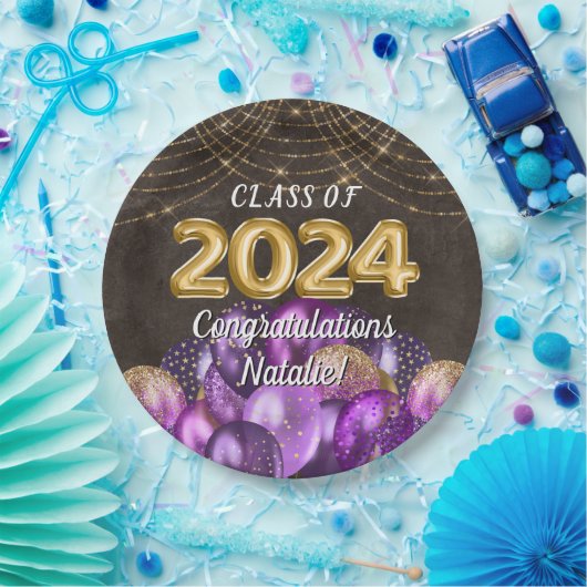 Gold Foil Lila Balloons Class of 2024 Abschluss Pappteller (Party)