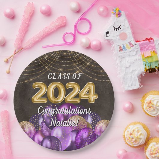 Gold Foil Lila Balloons Class of 2024 Abschluss Pappteller (Party)