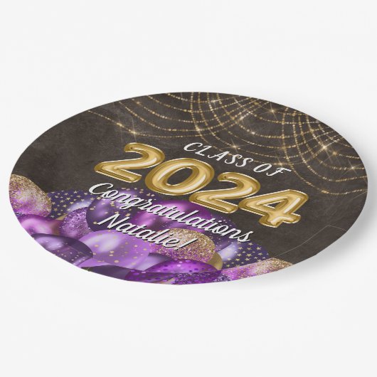 Gold Foil Lila Balloons Class of 2024 Abschluss Pappteller (Schrägansicht)