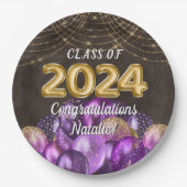 Gold Foil Lila Balloons Class of 2024 Abschluss Pappteller (Vorderseite)
